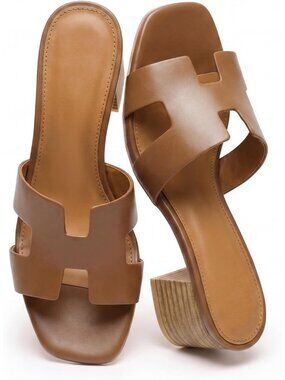 Women's Brown Square Open Toe Low Block Chunky Heels Slip On Slides Sandals